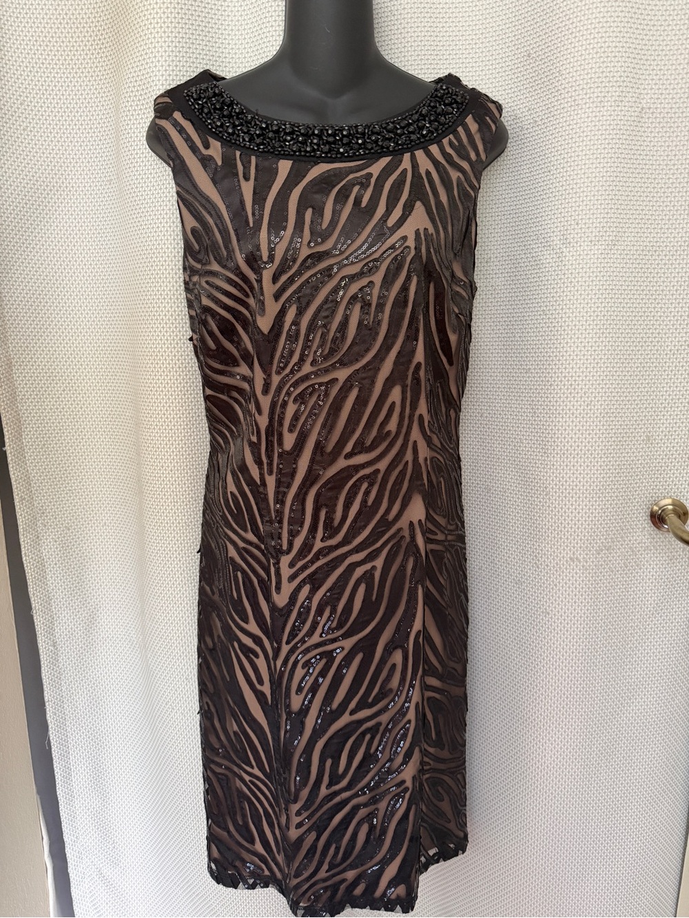 Sleeveless Beaded Zebra-Pattern Sheath Dress in Black and Nude